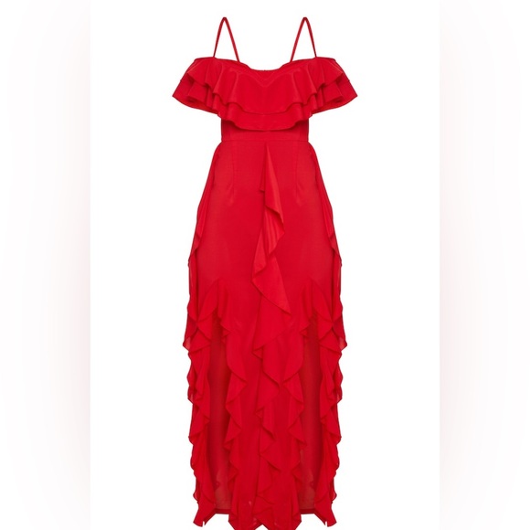 PrettyLittleThing Dresses & Skirts - Red Cold Shoulder Ruffle Maxi Dress like new size 6 PLT pretty little thing
